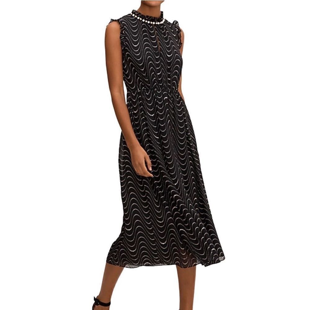 NWOT Kate Spade New York Wavy Dot Silk Dress Black Lined Midi Sleeveless Women 2